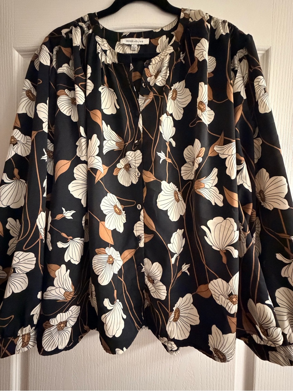 Rose & Olive Black Floral Button-Front Blouse with Cream and Tan Blooms
